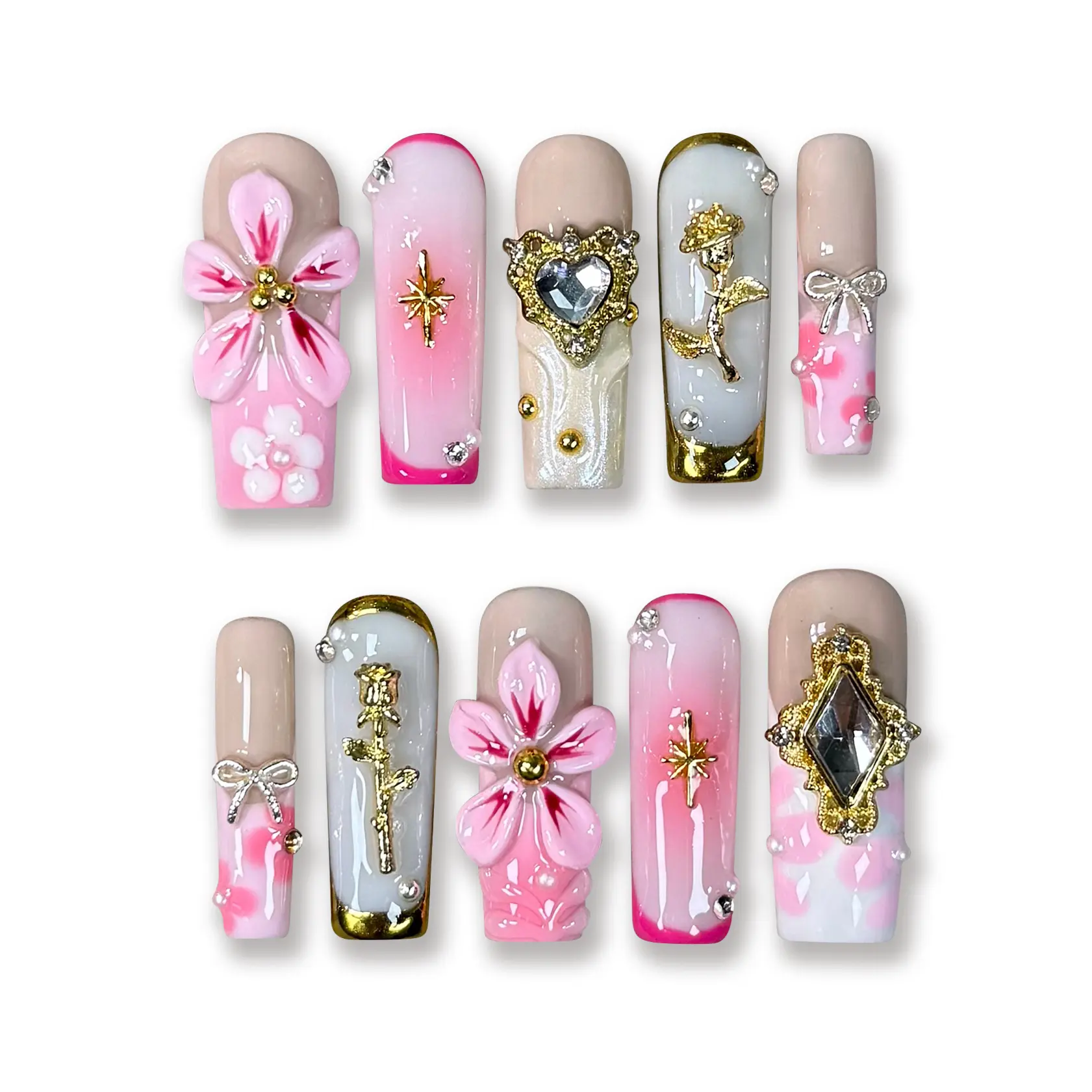 PRESSMEON Handmade Press-On Nails 10pcs | 3D Trendy Reusable Acrylic Nails Almond, Square, Stiletto Square Collection with Fashion Nail Art