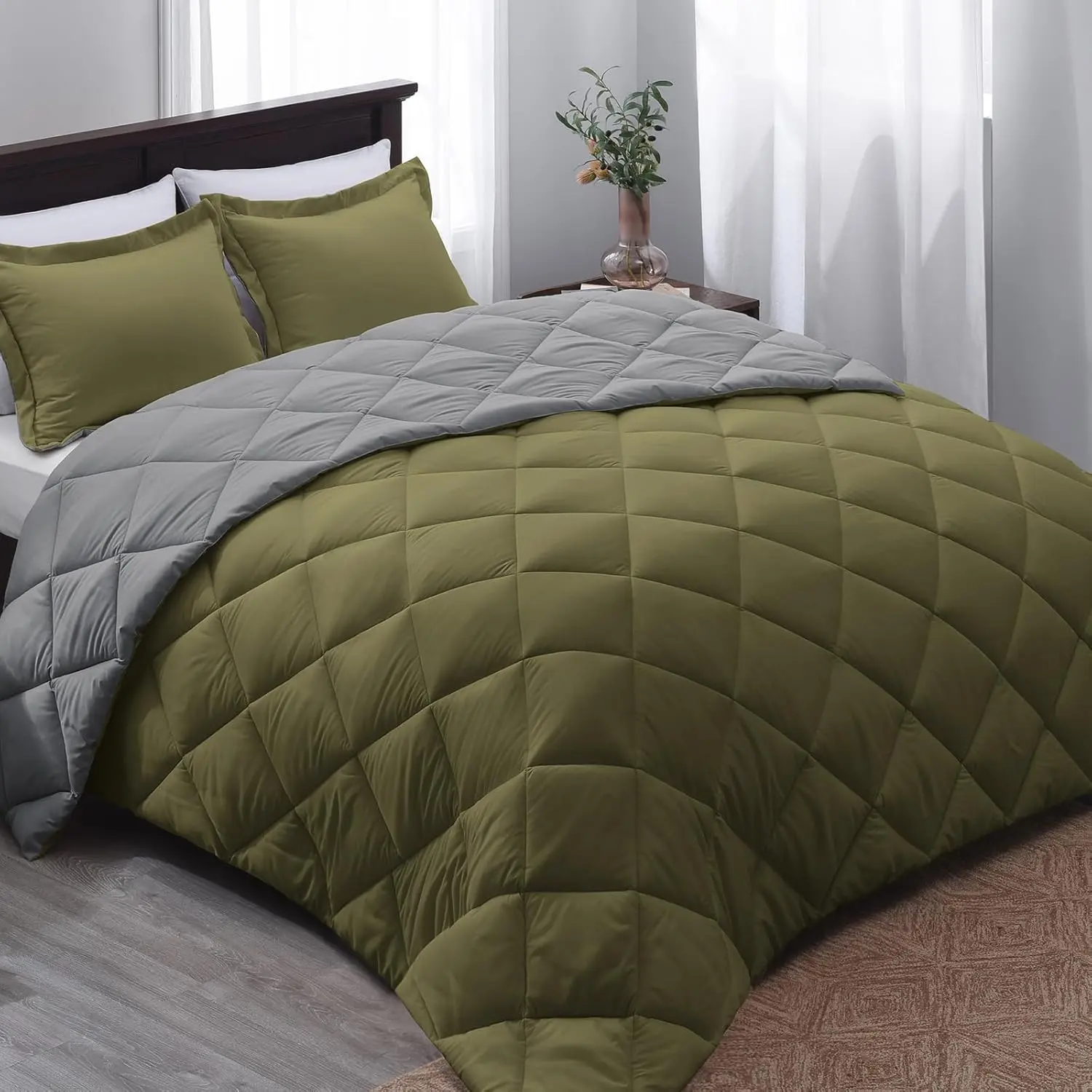 California King Comforter, Olive Green/Charcoal Comforter Cali King for Seasons, 1 Comforter 104"x96" and 2 Pillow Shams 20"x36"+2"