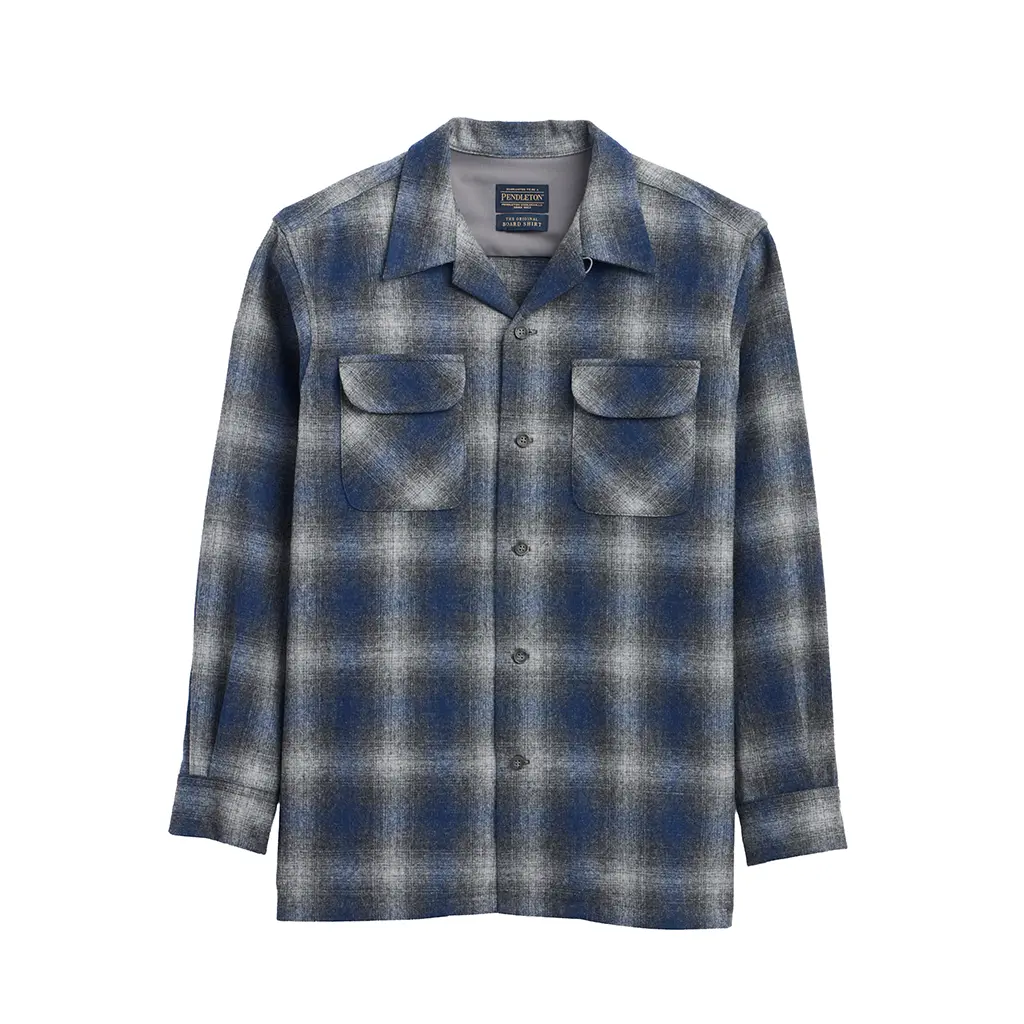 Pendleton Men's Tall Fit Collared Neck Pure Wool Long-Sleeve Casual Board Shirt - Charcoal-Navy Ombre Print, 26 in, Machine Washable, Menswear Tops Fabric
