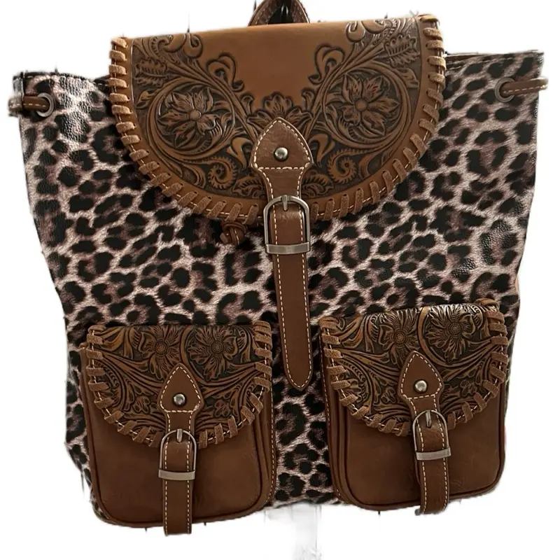 Cheetah Leather Bag Backpack with Adjustable Strap, Two Pockets, and Classic Leopard Print Design