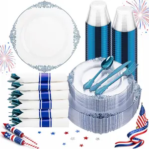175pcs Clear and Blue Plates - Blue Party Plates for 25 Guest, Include 50 Heavy-duty Plates(20% Thicker Than Standard), 25 Pre Rolled Gold Plastic Silverware Set, 25 CupsPerfect for graduation parties, home gatherings and Memorial Day