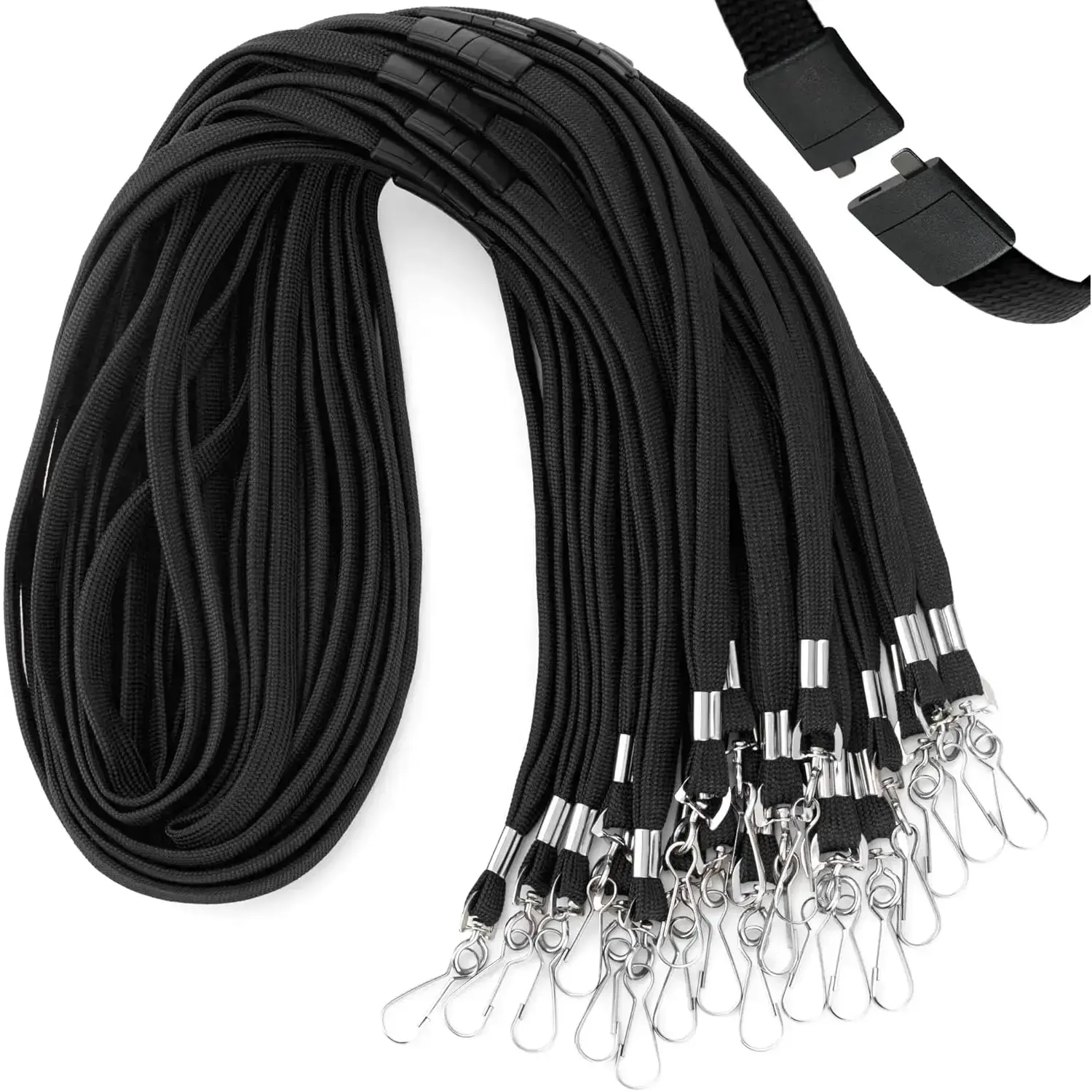 Black USA Flat Breakaway Safety ID Badge Lanyards (100-Pack), Polyester Reusable Soft Woven Neck Lanyards with J-Hook, 36in Length, 18in Hanging, Tie Knot Feature, 1cm/3/8in Specs, Strong Lightweight for Kids, Events
