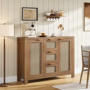Natural Boho Sideboard Buffet Cabinet – Spacious Storage, Adjustable Shelves, Oak Melamine Finish for Dining, Living Room & Office