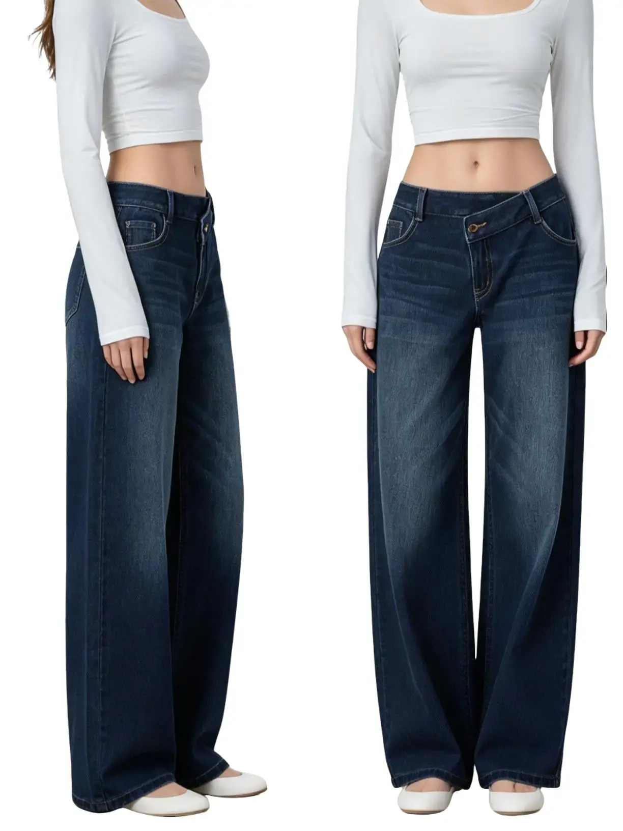 Women's Low-Waisted Baggy Dark Wash Wide Leg Jeans - Ripped Detail, Graphic Print, Goth Style, Gaucho Bottoms for Casual Fashion Streetwear Chic Fit bedazzled jeans