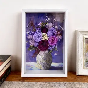 Purple Preserved Rose Flower Frame, 100% Real Flowers, 3D Aesthetic Home Decor for Bedroom, Living Room & Desk