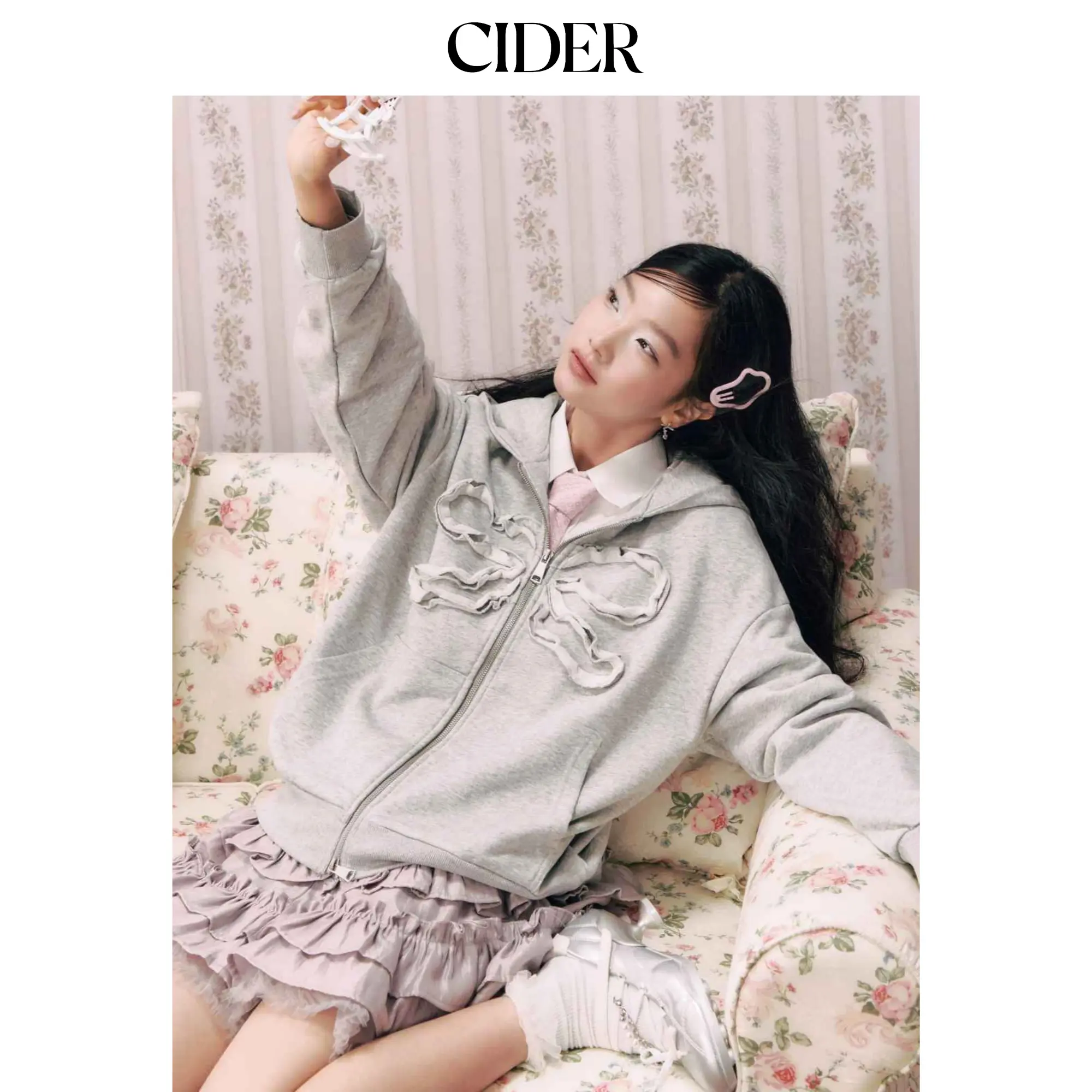 Cider Women's Casual Oversized Terry Fabric Zip-Up Neck Sweatshirt with Long Sleeves, Lettuce Trim and Bow Detail, Tops, Sweatshirts