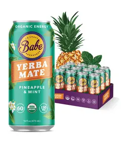 Babe Beverages Organic Yerba Mate Energy Drink Pineapple Mint 150mg Caffeine USDA Certified Low Sugar Refreshing Fruit Flavor
