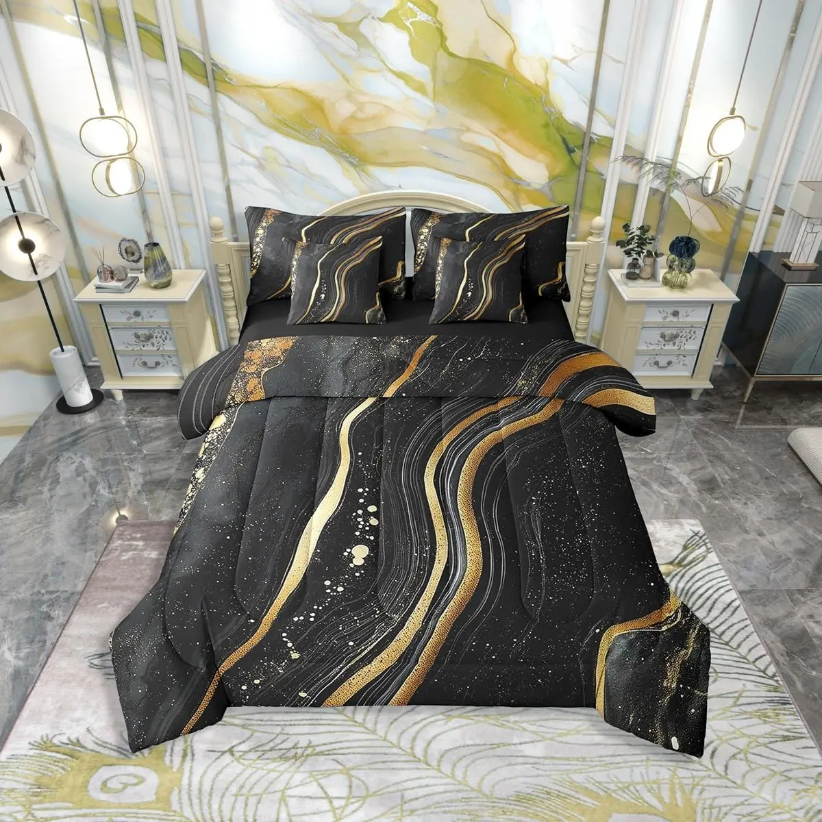 Feelyou 7-Piece Black and Gold Marble Microfiber Comforter Set, Decorative Stone Bed-in-a-Bag Bedding Set with Golden Glitter Design, Decorative Bedding Set, Microfiber Bedding Set