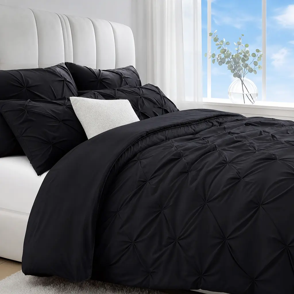 JOLLYVOGUE Black Queen Comforter Set 7 Pieces - Bed in a Bag for All Season, Must-Have Bedding for Home&Dorm,Breathable & Lightweight, Pintuck Bedding Sets with Comforter, Flat Sheet, Fitted Sheet and Pillowcases Shams #Summervibes