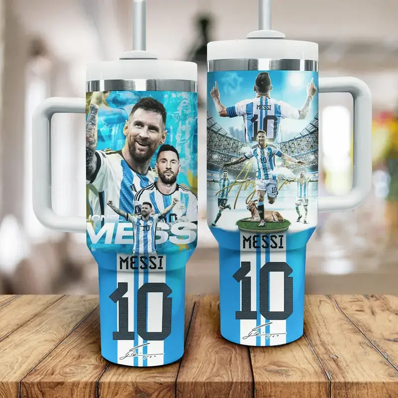 Lionel Messi #10 Argentina Soccer Tumbler 40oz With Handle, Messi Stainless Steel Travel Mug, Football Insulated Cup With Straw, Gift For Messi Fans