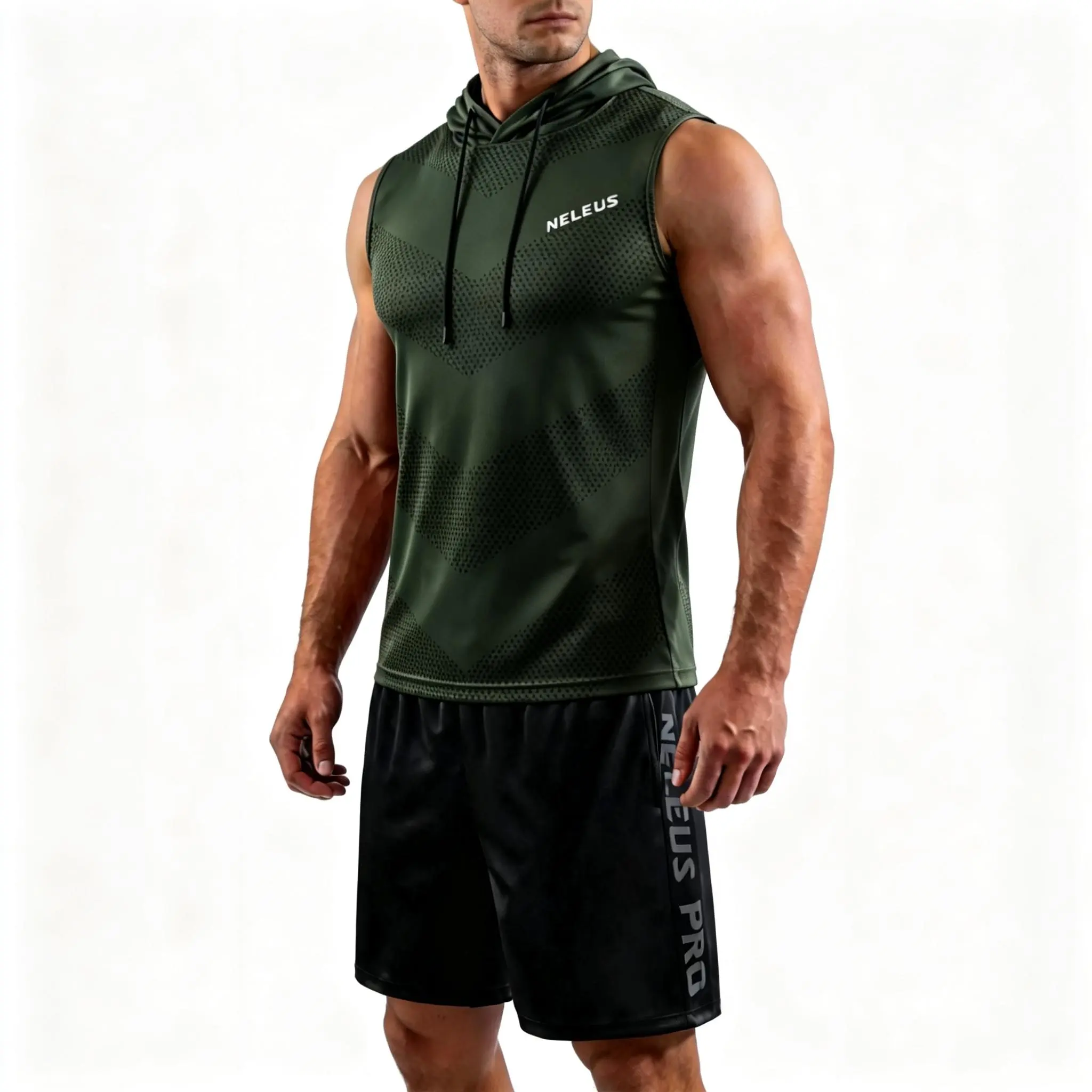 Neleus Men's 2-Piece Matching Gym Set, Lightweight Dry Fit Polyester Athletic Sportswear with Sleeveless Hoodie and Shorts with Pockets, Men's Outfit Sets, Polyester Blend Activewear, Jersey And Shorts Set Men's Sports Sweat Suit