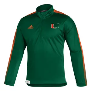 adidas Mens Miami Hurricanes Sideline Primeblue Quarter Zip Jacket Training Athletic Outerwear Casual Moisture Wicking - Green