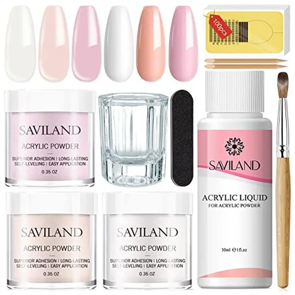 Saviland Acrylic Nail Starter Kit: Clear Pink Nude | Acrylic Powder & Liquid, Brush, Files, Forms, Press On Nails, Home Practice Set
