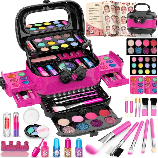 Halloween Fall Gift for Girl 58 Pcs Kids Makeup Kit , Princess Toys Real Washable Cosmetic Set with Mirror Birthday Gift