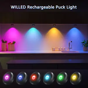 WILLED 3-Pack Rechargeable LED Puck Lights, 9 Color & 2 Dynamic Modes, 1000mAh Magnetic Under Cabinet Lights with 3-in-1 USB Charging, Remote Dimmable Timer Stick-On Puck Lights for Bedroom,Artwork, Kitchen, Closet, Shelf, Party Home Decor