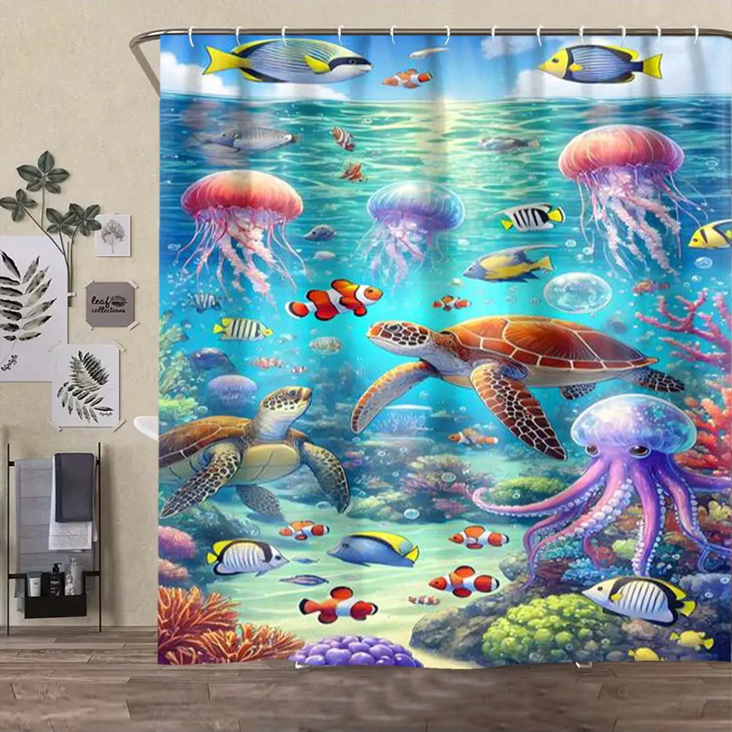 Underwater World Removable Ocean Shower Curtain Set with Rug, Includes Hooks, Non-Slip Bath Mat, U-Shaped Toilet Lid Cover, Bathroom Decor, Bathroom Decoration Accessories