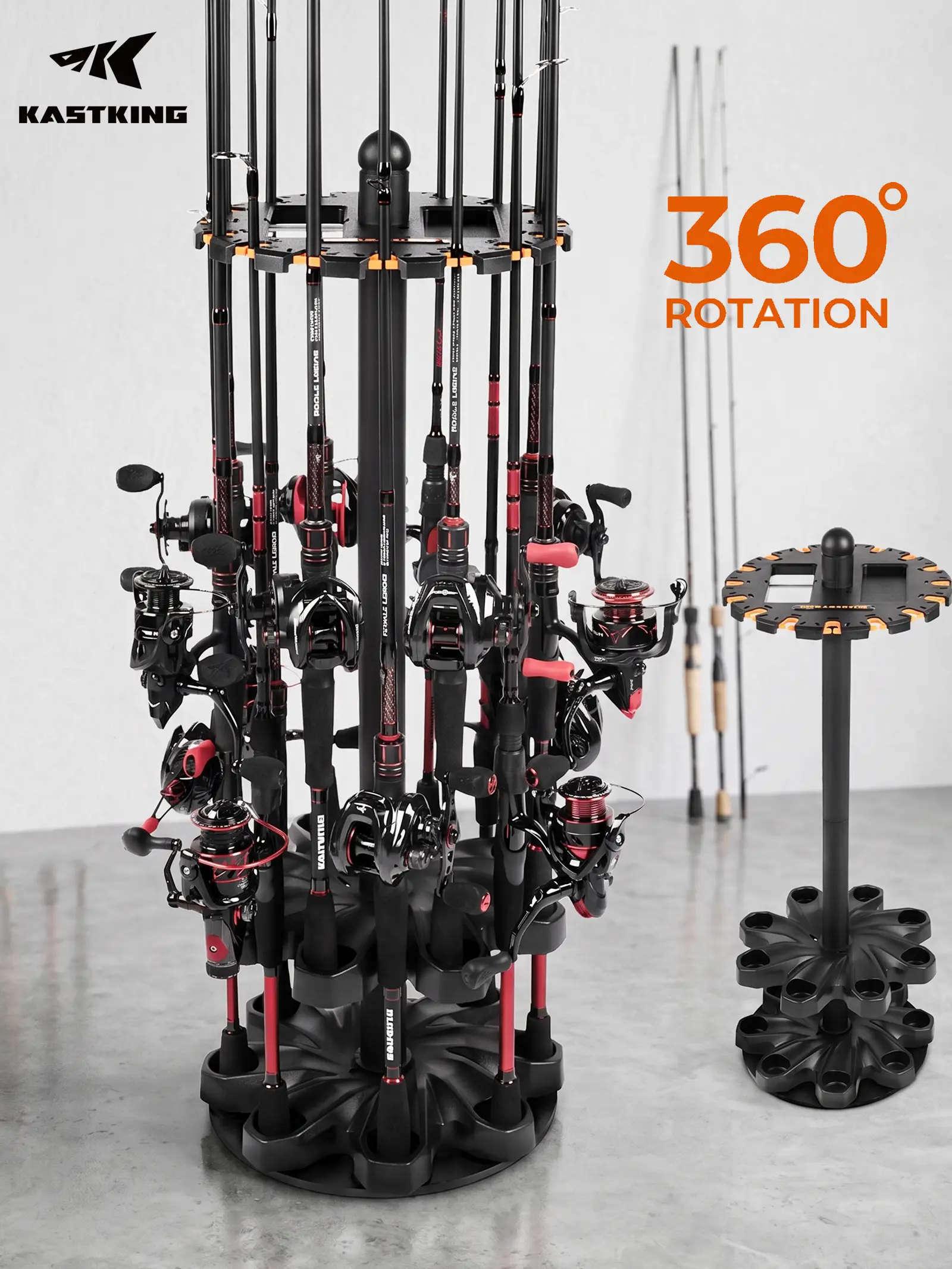 KastKing V16 OR V15 Rotating Fishing Rod Holder for Garage, Floor Rack Holds Up to 16 Rods & Combos, Space-Saving Pole Organizer with Foam, Durable ABS, Fishing Gear Storage Gift for Men