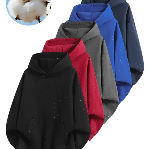 Full-body fine shimmer fleece pullover hoodie sweatshirt, loose drop-shoulder design with kangaroo pocket, athletic top available in multiple colors for autumn/winter layering