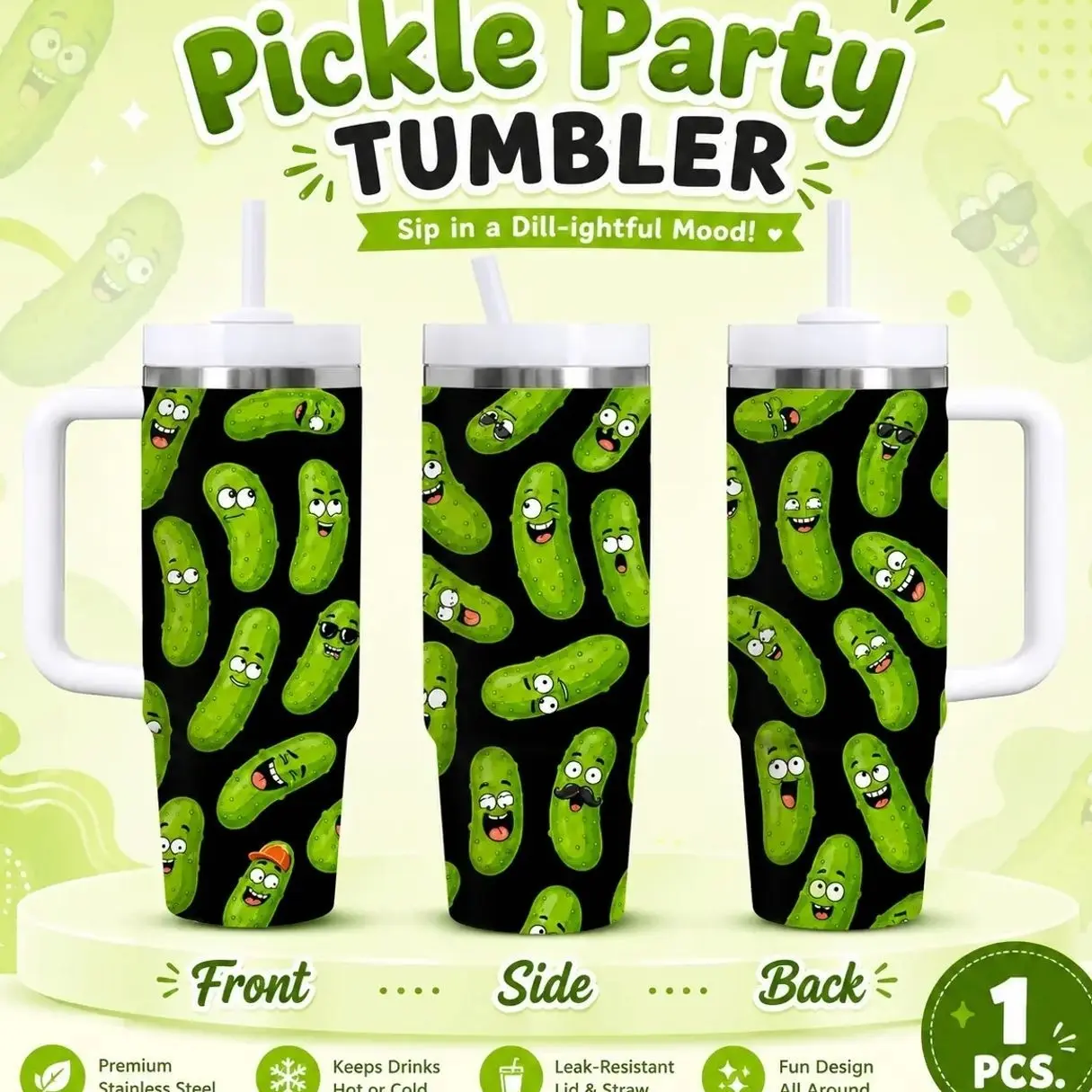 Funny Cartoon Pickle Cucumber Vacuum Flasks 40oz Stainless Steel Vacuum Insulated Tumbler with Handle & Straw | Long-Lasting Cold & Heat Retention, Leak-Resistant | For Iced Coffee, Water, Office, Gym & Travel