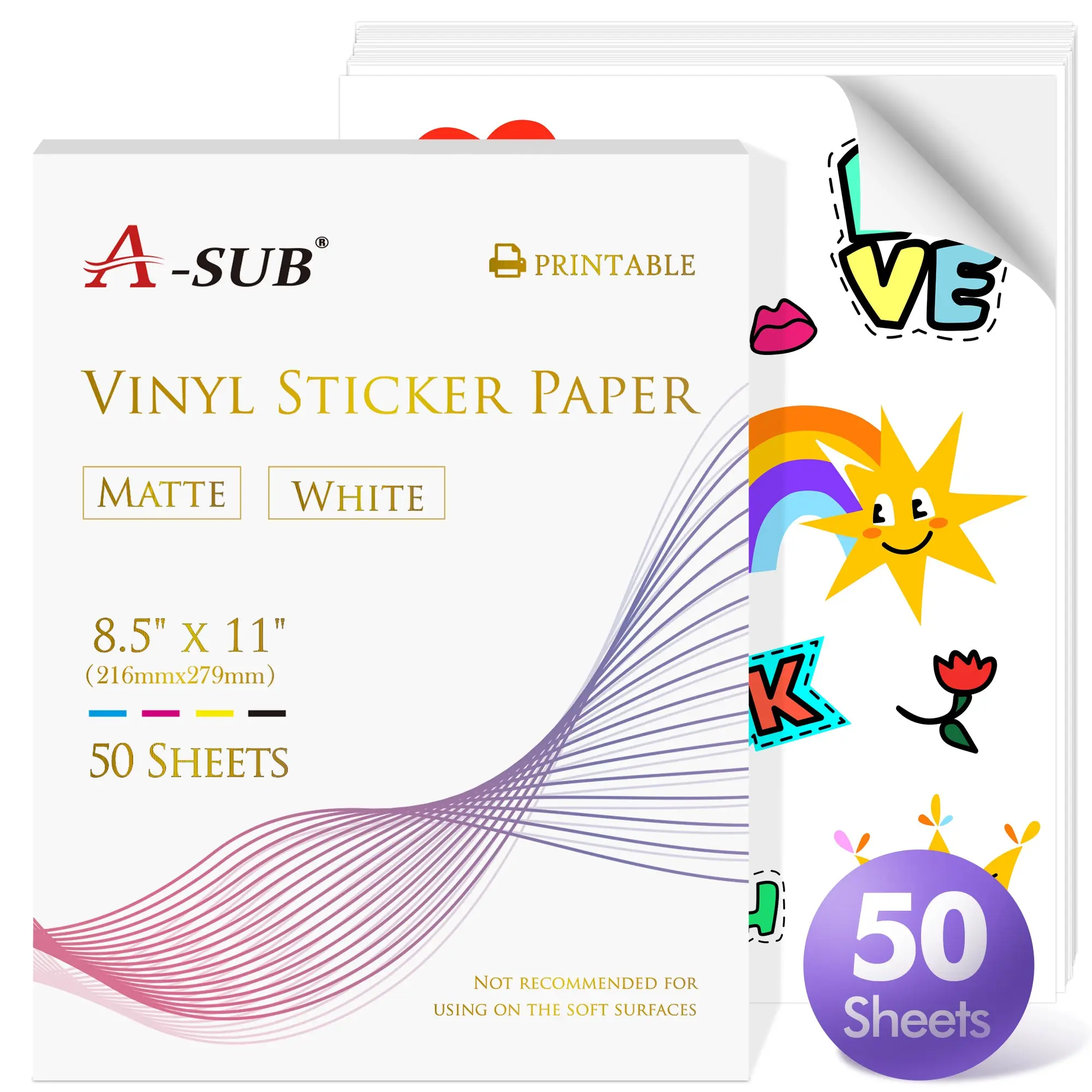 A-SUB Waterproof Matte Vinyl Sticker Paper for Inkjet Printer 50 Sheets White 8.5x11 Durable DIY Craft Projects