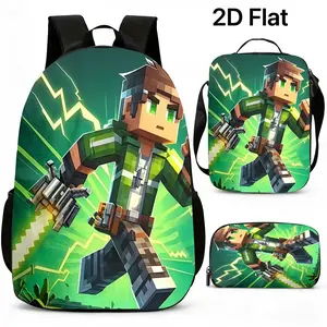 3PCS Pixel Adventure Backpack Set, Water Resistant School Bag + Lunch Box + Pencil Case, Lightweight, Fits 15-inch Laptop, Breathable Straps, Minecraft-Style Warrior with Sword & Lightning Print