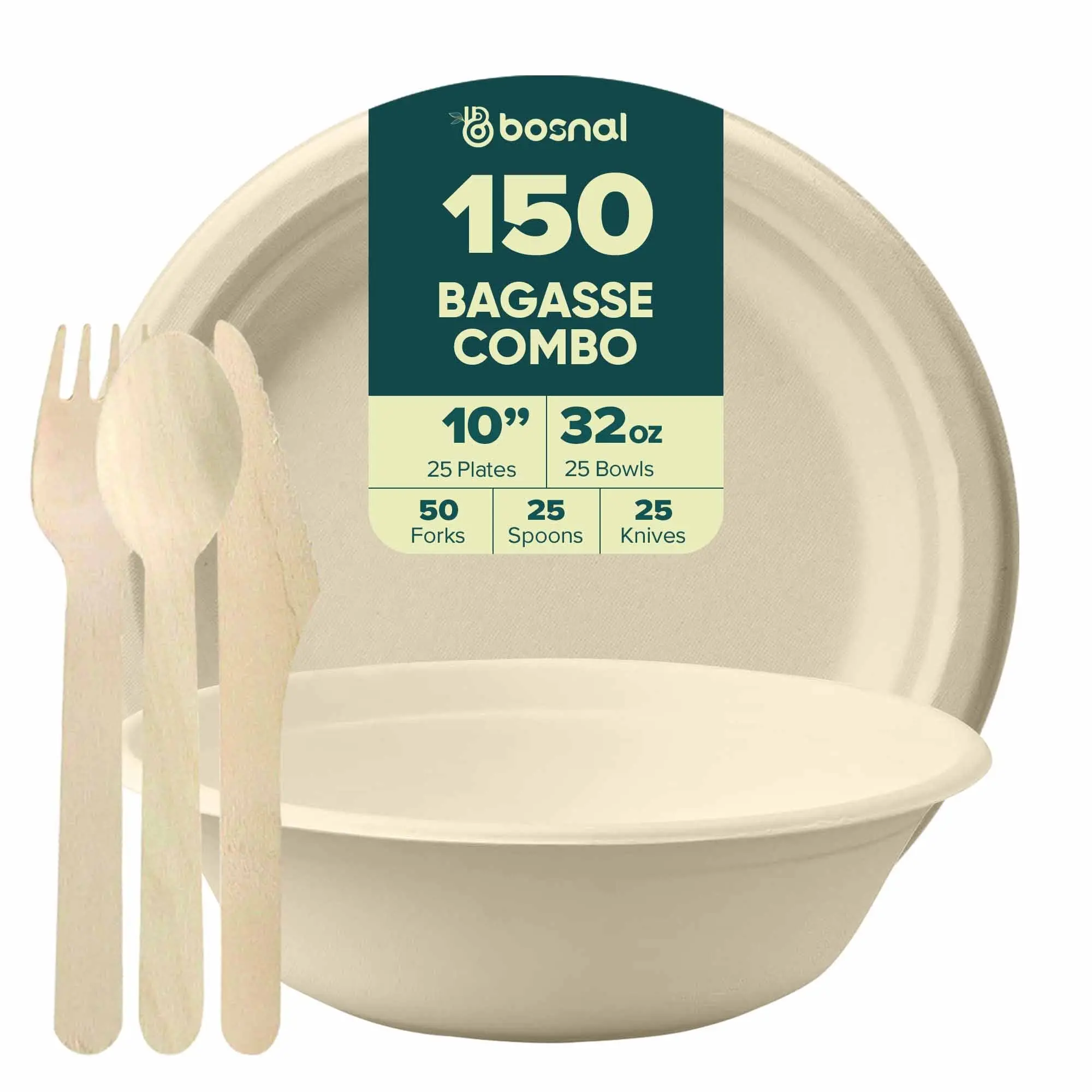 10 Inch Round Compostable Plates, 32 Oz Bowls & Cutlery, Sugarcane Bagasse Eco-Friendly Disposable Tableware