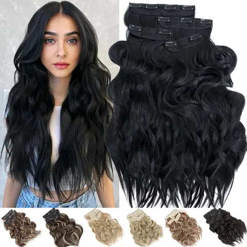 Synthetic Clip-In Hair Extensions 4PCS/Pack, 22-24in Extra Thick Volume Effect, 180G Full Head Curly Wavy Body Wave, Black Brown Balayage Blonde Curly Extensions & Pieces