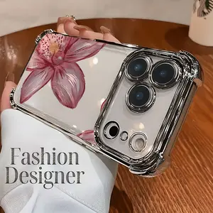 Trendy Designer-Style TPU Smartphone Case, Pink Peach Blossom Pattern, Electroplated Transparency, Full-Body Soft Protection, Cellphone Handheld Shell Accessories for iPhone 11 12 13 14 15 16 17 Pro Max Air Plus