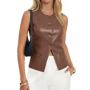 Tankaneo Womens Faux Leather Vest Tops Business Casual Button Down PU Suit Blazer Sleeveless Fitted Waistcoat