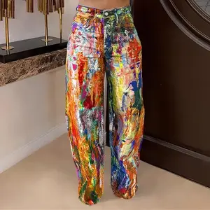 Colorful graffiti high-waisted wide-leg jeans—loose, unique printed street denim pants, an ideal choice for music festivals and casual gatherings. Women’s clothing fabric that fits well and pairs well with raincoats. GARMENTARY