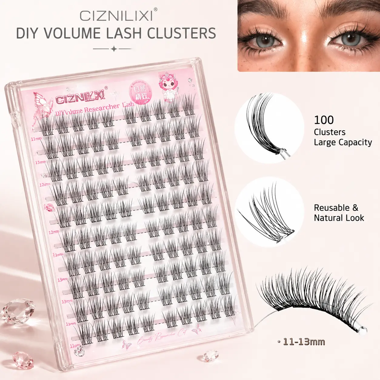 lash clusters-Cat Eye False Eyelashes Korean Style, 100Pcs Cluster Lashes Kit, 11-13mm C-Curve Natural Look, DIY Individual Lash Extensions, Dense but Realistic for Everyday & Party Makeup, Easy Apply for Beginners 。 Cosmetic Daily