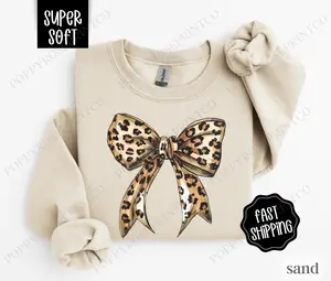 Leopard Bow Sweatshirt, Coquette Leopard Crewneck,  Women's Sweater