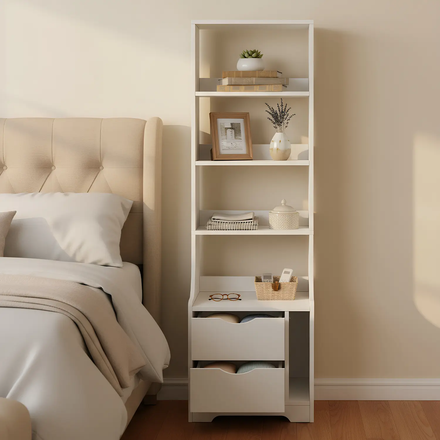 Spaco Contemporary Assembled Dual-Use Rectangle Bedroom Nightstand - Melamine Finish, 2 Drawers, Bookshelf, Bedside Cabinet, Pedestal, Storage Organizer, Small Spaces Space Saving Furniture, Assembly Required Indoor Side Table