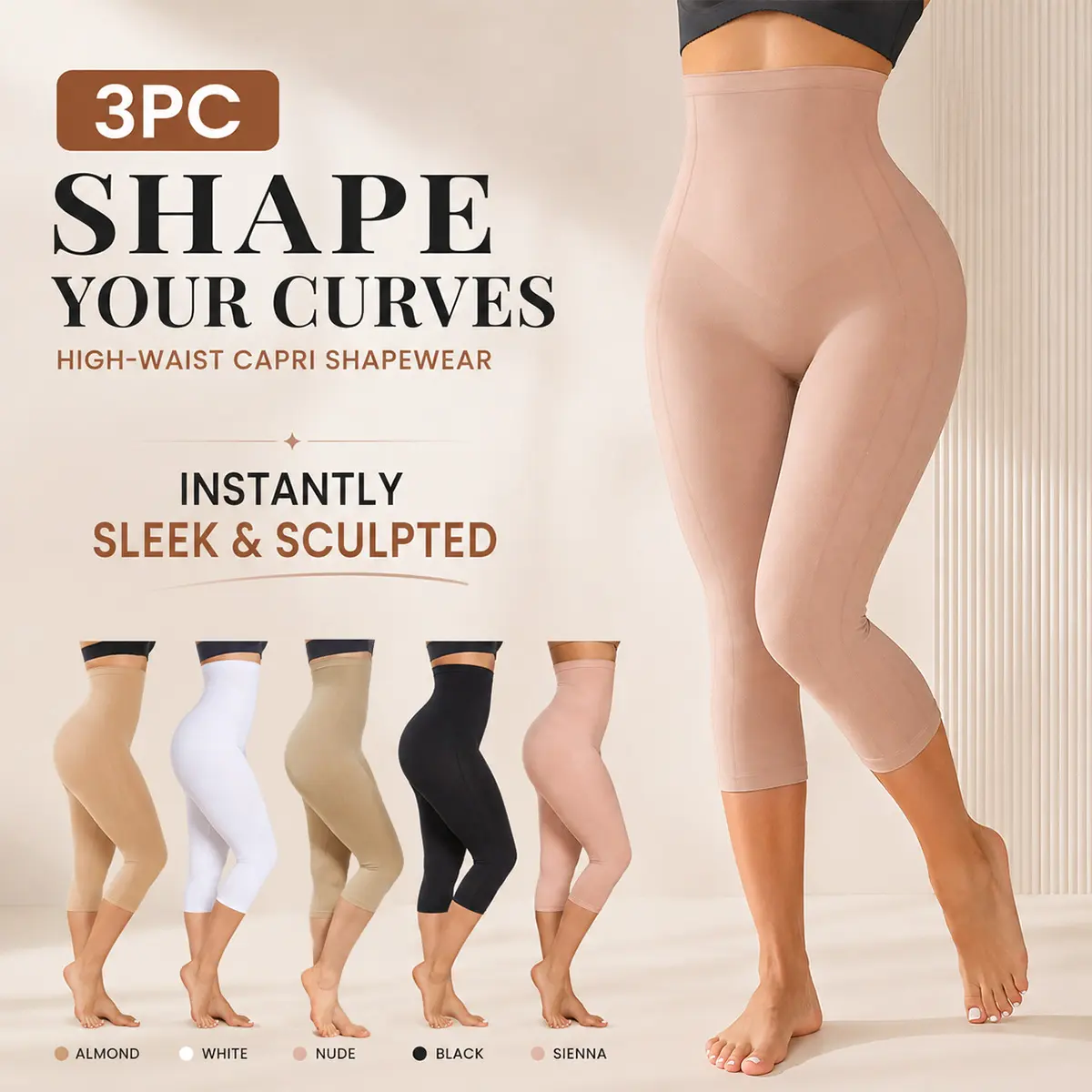 [3 PC] SUPRENX Butt Lifting Thigh Slimmer Bottom Pants, High Waisted Seamless Shapewear Leggings, Capri Compression Womenswear, Women's Basic Sport Shaper Shorts Nylon Gradient
