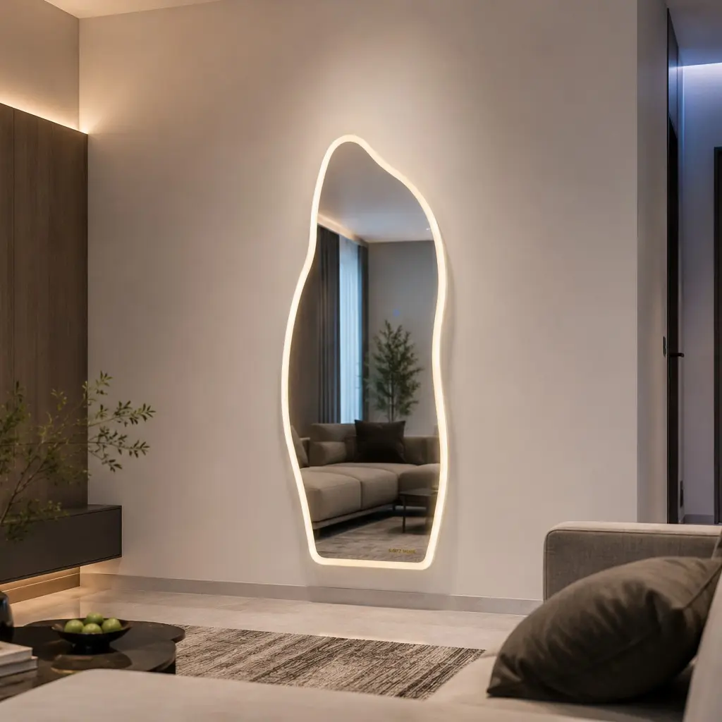65" x 25" Irregular LED Full Length Mirror, Organic Asymmetrical Wall Mounted Full Body Mirror with 3 Color Lighting, Touch Dimming and Tempered Glass Dressing Mirror for Bedroom Closet Entryway