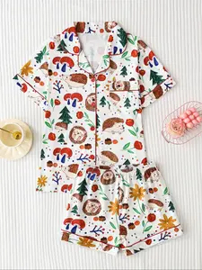 Women's Cartoon Hedgehog Print Sleepwear Set, Pajama Set, Casual Fitted Short Sleeve Top & Comfortable Shorts, Elegant Ladies' Nightwear