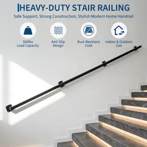 Heavy Duty 500lbs Metal Stair Railing – Modern Industrial Wall Mounted Handrail for Stairs – Durable Support for Indoor & Outdoor Staircases, Loft, Porch, Deck – Complete Mounting Hardware