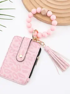 Leopard Print PU Leather Wallet Wristlet Keychain for Women, Wooden Bead Bracelet, Silicone Pearl Credit Card Holder, Boho Style Accessories, Leopard Print Wallets