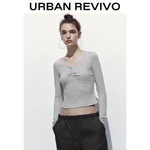 URBAN REVIVO Women's Chic V-Neck Button-Down Long-Sleeve Basic T-Shirt - 2025 Elegant Fashion Essential, Versatile Casual Everyday Top