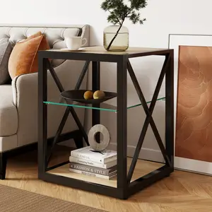 [Bellemave] Modern End Table, 3-Tier Nightstand with Tempered Glass & Wood Top, Coffee Table for Bedroom & Living Room