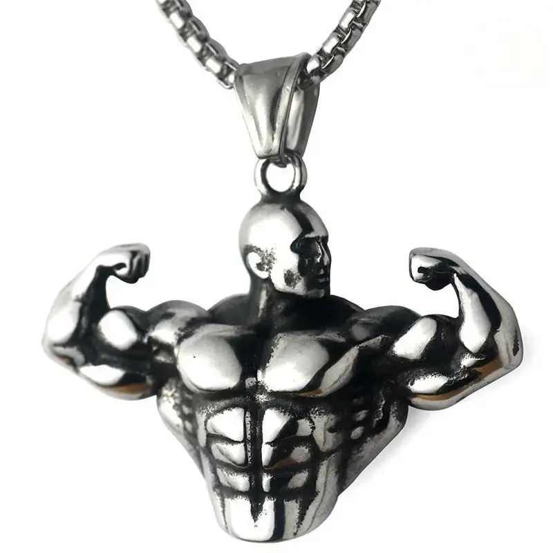 Men's Stainless Steel Fitness Necklace with Cartoon Bodybuilder Pendant, Male Chain Jewelry Necklaces, Trendy Personalized Bodybuilding Accessory, Versatile Inspiring Gift for Fitness Enthusiasts
