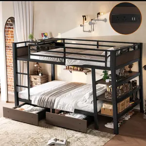 Bunk Bed Full Over Full Size, Metal Bunk Beds Frame with Storage Shelves, LED Light Strip and USB Power Strip, Upper Bed with Desk, Heavy Duty Metal Bunk Beds for Teen, Adults, Black