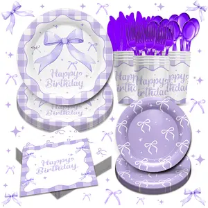 168Pcs Purple Bow Birthday Party Supplies Party Packs - Coquette Birthday Decorations Include Include Plates, Napkins, Cups, Cutlery, For Purple Bow Girls Theme Party Supplies Tableware Set| Serves 24
