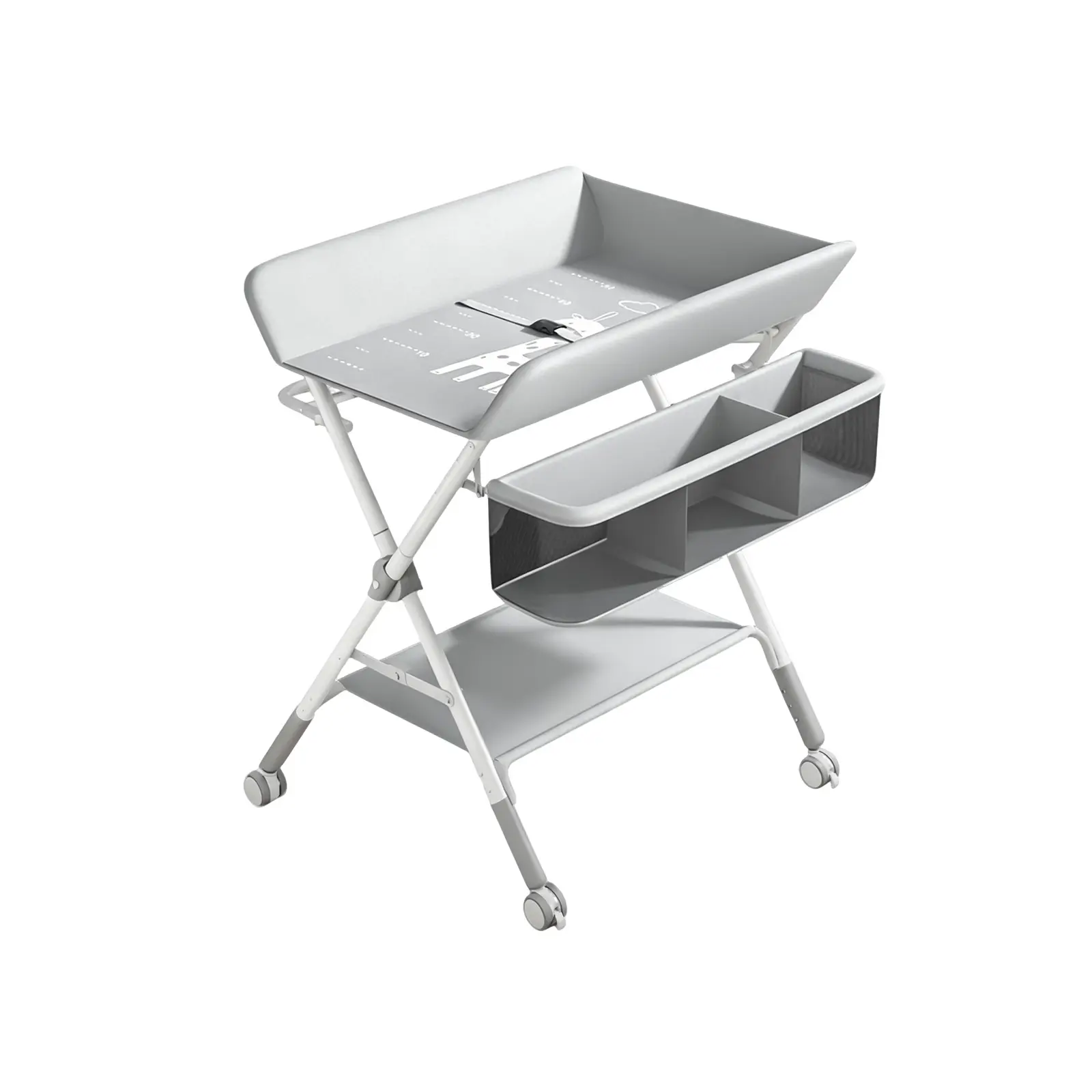 Foldable Baby Changing Table with Wheels, 3-Level Height Adjustable Diaper Changing Station, Portable Fold Changing Table Organizer with Storage Basket & Safety Strap, Mobile Nursery Changing Station for Newborn Infant