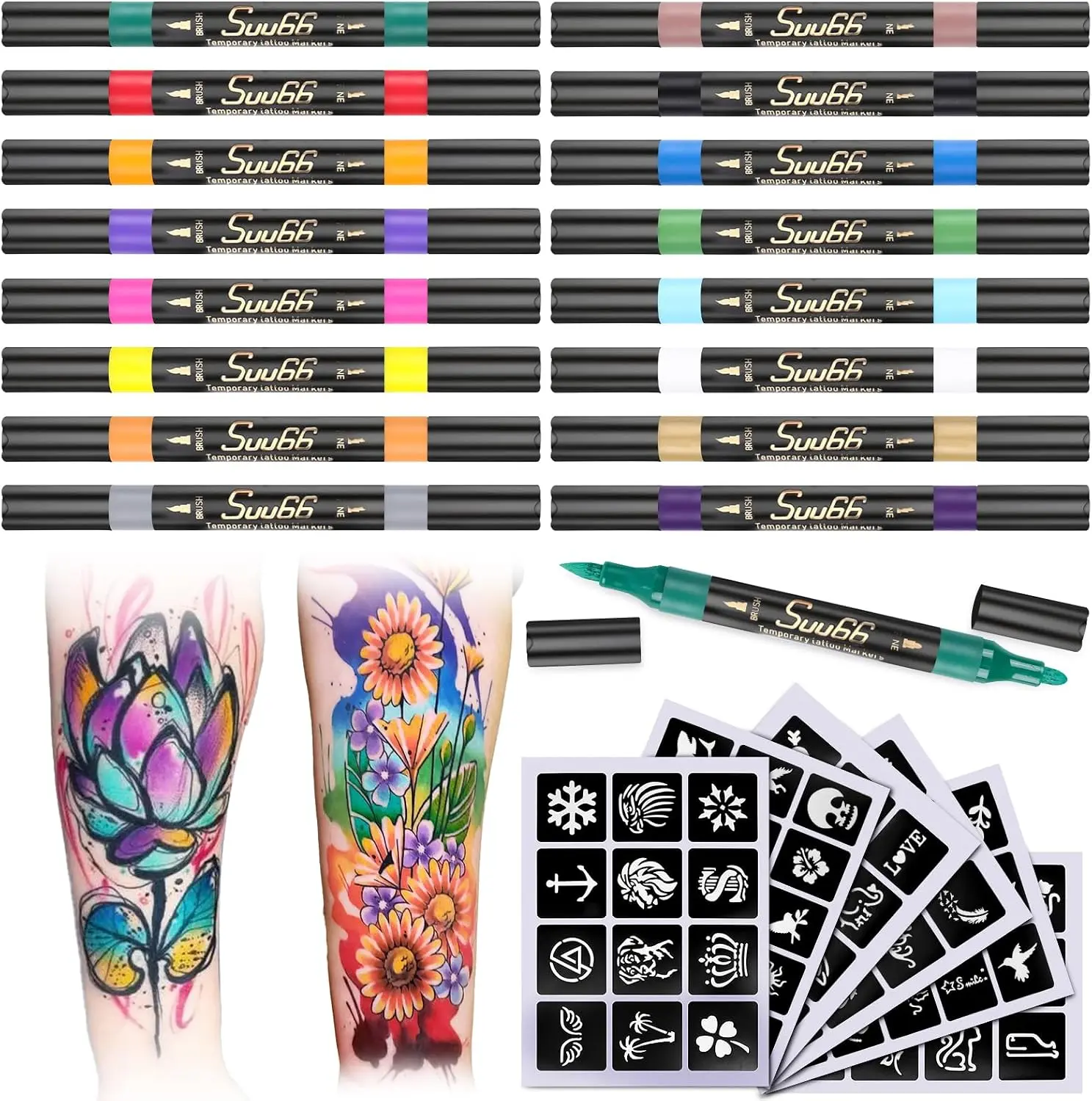 Suu66 Temporary Tattoo Markers Kit, Dual-End 16 Colors with 80 Stencils for Body Art | Skin-Safe, Washable, Cosmetic-Grade | for Kids & Adults