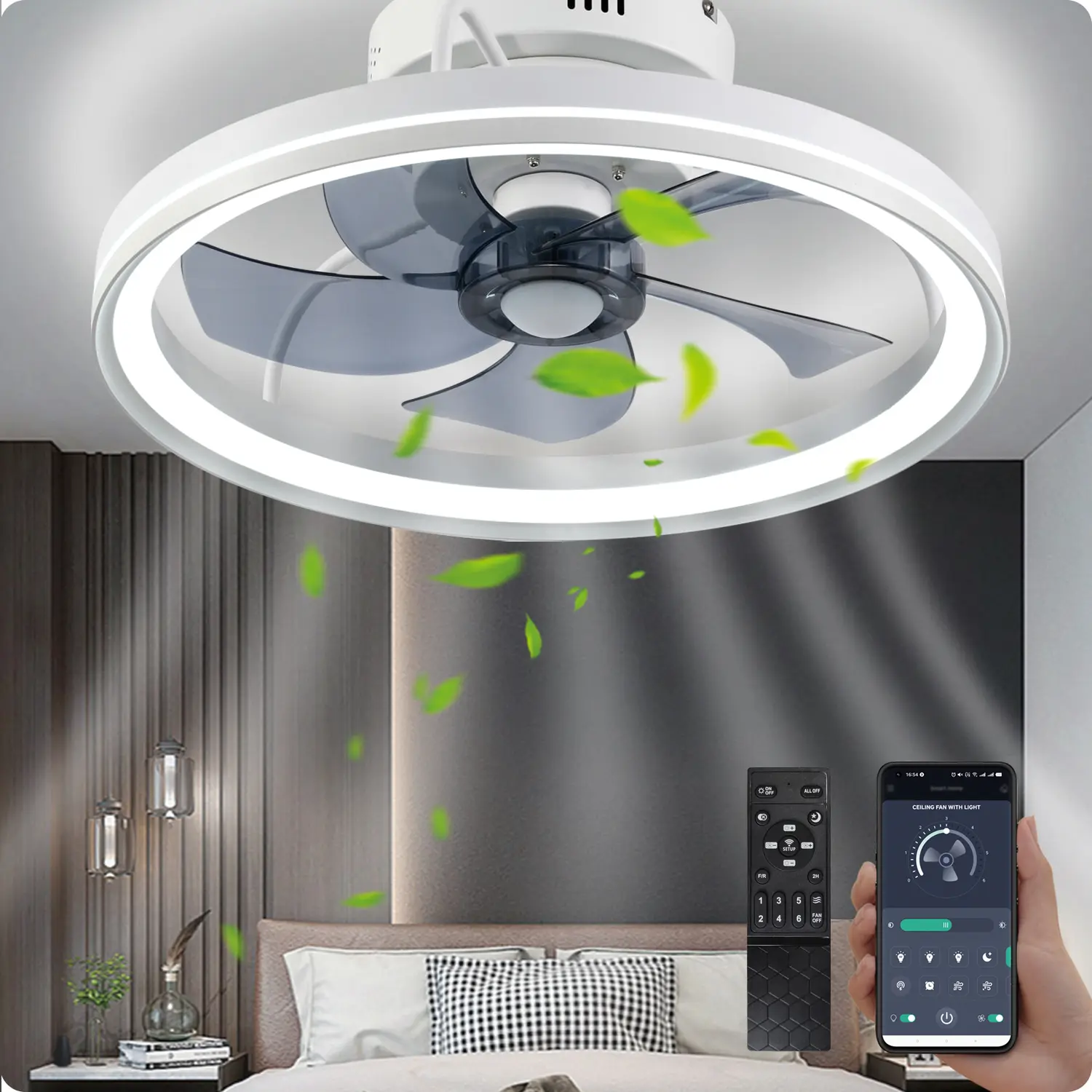 BaySquirrel 19in Contemporary DC Motor Steel LED Ceiling Fan with Light & LED Lamp - 36W Dimmable Brightness, 6 Speeds, App & Remote Control, Indoor Use, Everyday Convenience for Bedroom Home Improvement, Home Improvement Convenience