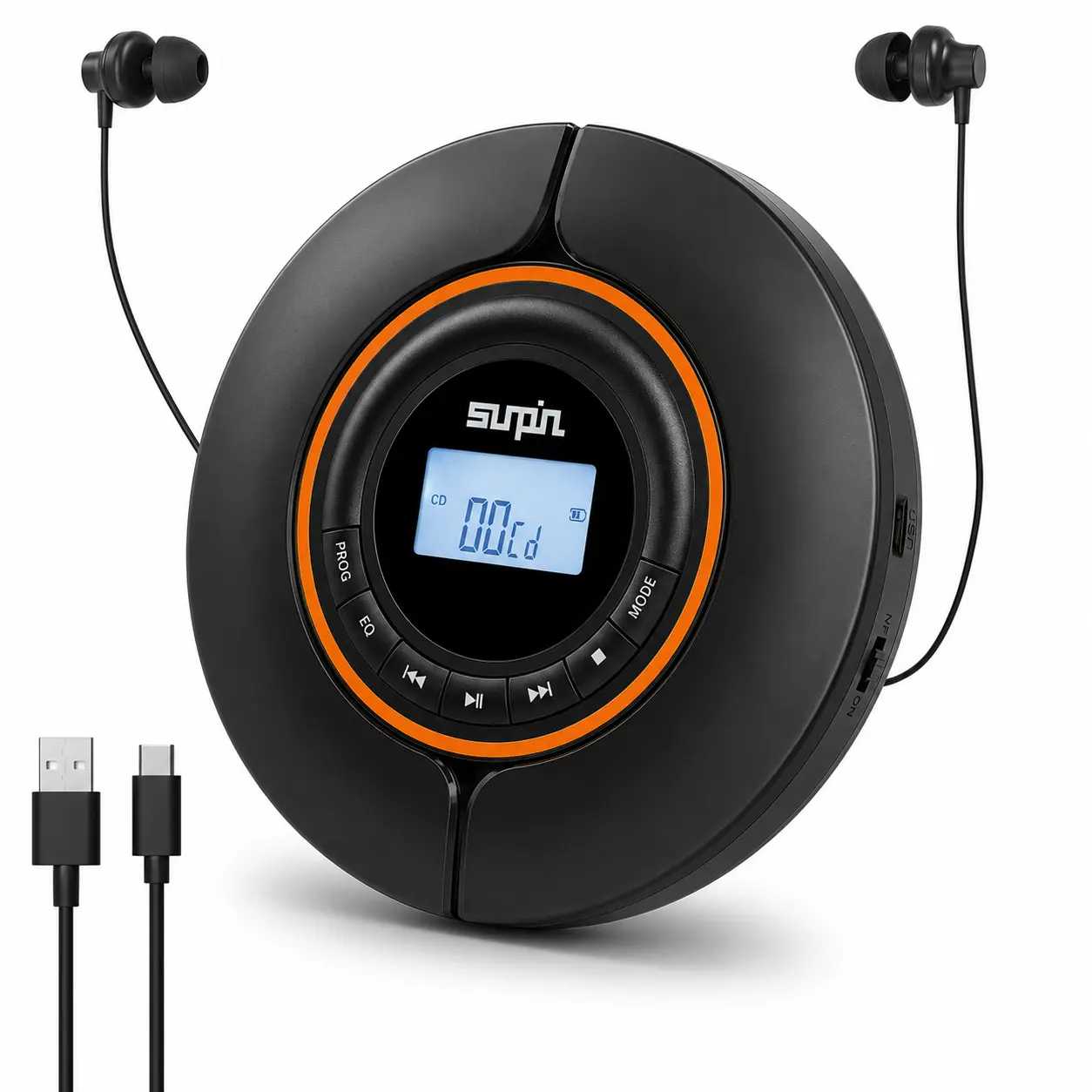 [SUNPIN] Compact Portable CD Player with Headphones, LCD Display, Bluetooth 5.1, Anti-Skip Protection, Resume Memory, Wireless Audio, MP3/CD-R Compatibility, USB-C Rechargeable Battery, AUX Output, Slim Design for Car & Desktop