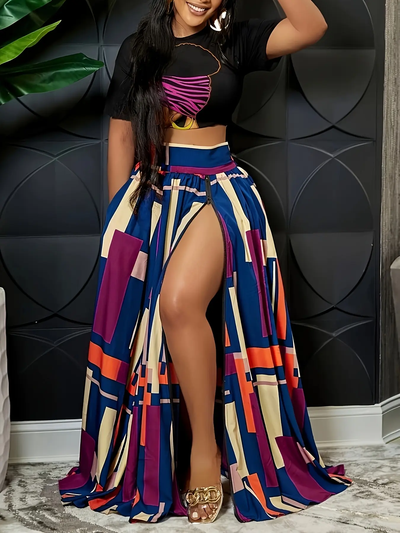 MOTIONKILLER Women's 2-Piece Fashion Skirt Set - Breathable Polyester Colorblock High Slit Maxi Skirt & Short-Sleeve Graphic Crop Top, Apparel, Women's Clothes, Cropped, Two Piece Set