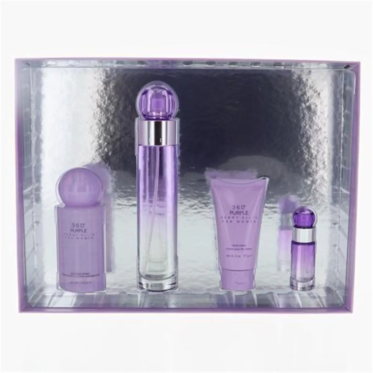 Perry Ellis 360° Purple EDP Gift Set for Women, 4-Piece Long-Lasting Scented Fragrance Set with 3.4 oz Eau de Parfum, Body Mist & Shower Gel, Fragrance Sets