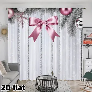 2D Flat 2Pcs Christmas Pink Bow Ball Window Curtains, Silver Pine Needle Print, Beaded Design Decor, Rod Pocket Style, Semi Sheer Polyester Fabric, for Living Room Bedroom Kitchen Holiday Treatment Sets, Privacy Protection, Window Decorations Supplies